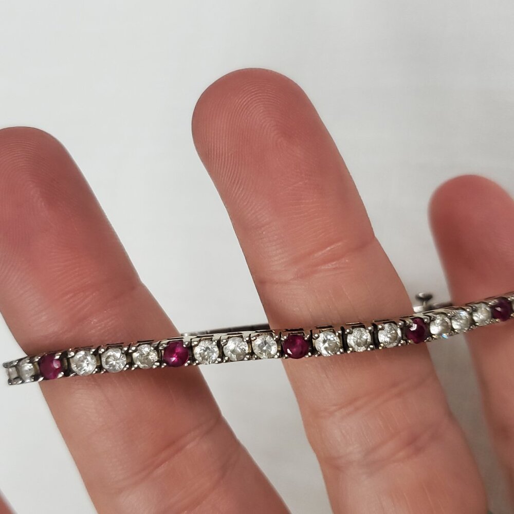 Gorgeous Red Stone & Crystal Silver 925 Tennis Bracelet  7" 14 Grams